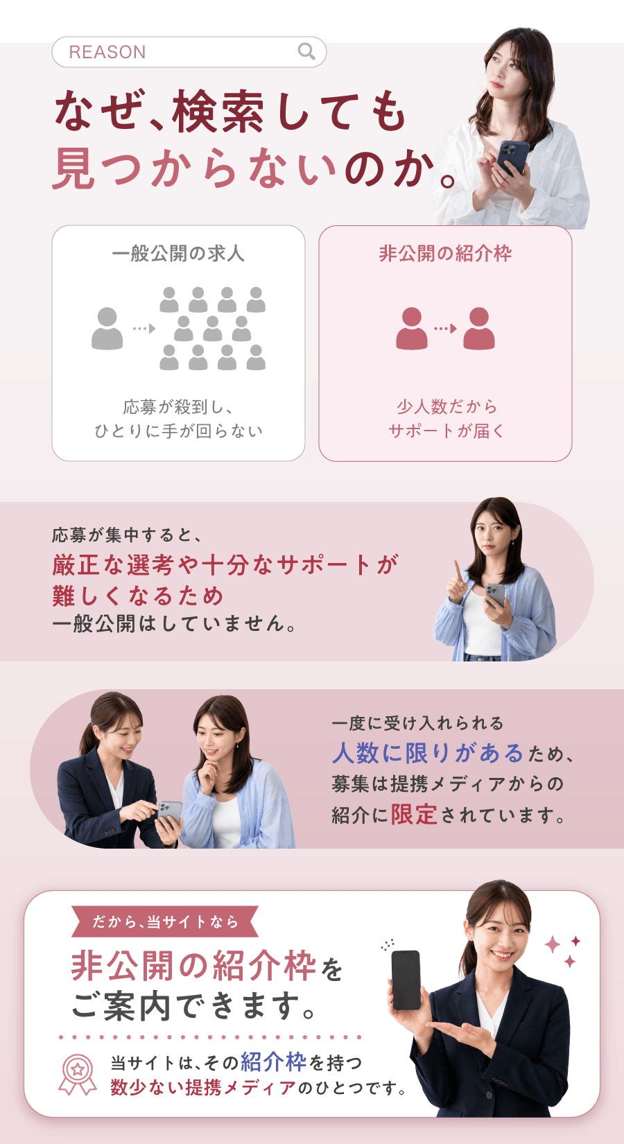 REASON なぜ、検索しても見つからないのか。 応募が集中すると、厳正な選考や十分なサポートが難しくなるため一般公開はしていません。 一度に受け入れられる人数に限りがあるため、募集は提携メディアからの紹介に限定されています。非公開の紹介枠をご案内できます。 当サイトは、その紹介枠を持つ数少ない提携メディアのひとつです。