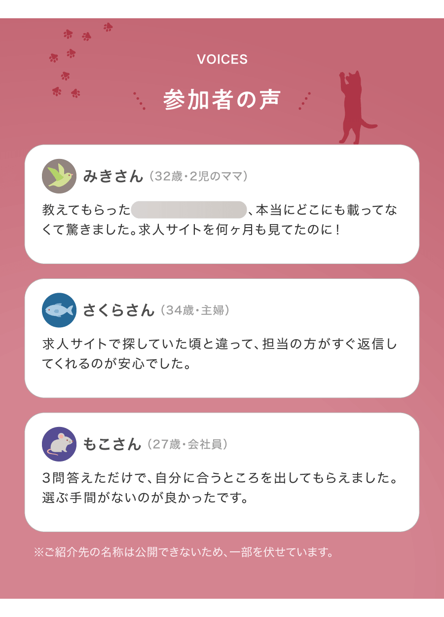 VOICES 参加者の声 みきさん（32歳・2児のママ）教えてもらった本当にどこにも載ってなくて驚きました。求人サイトを何ヶ月も見てたのに！ さくらさん（34歳・主婦）求人サイトで探していた頃と違って、担当の方がすぐ返信してくれるのが安心でした。 もこさん（27歳・会社員）3問答えただけで、自分に合うところを出してもらえました。選ぶ手間がないのが良かったです。 ※ご紹介先の名称は公開できないため、一部を伏せています。